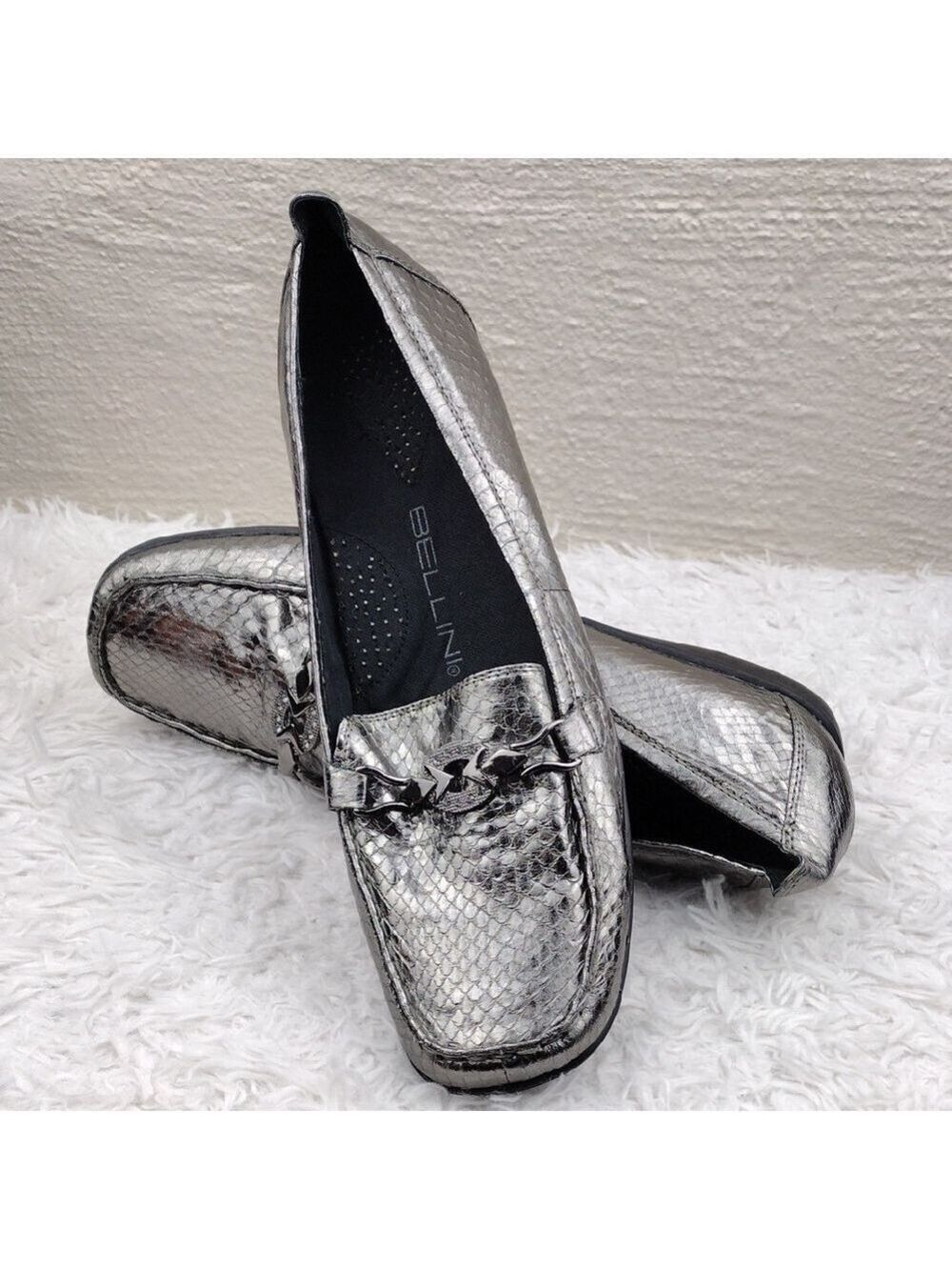 Bellini Abagail Silver Metallic Snakeskin Design Square Toe Low Wedged Heel Shoe